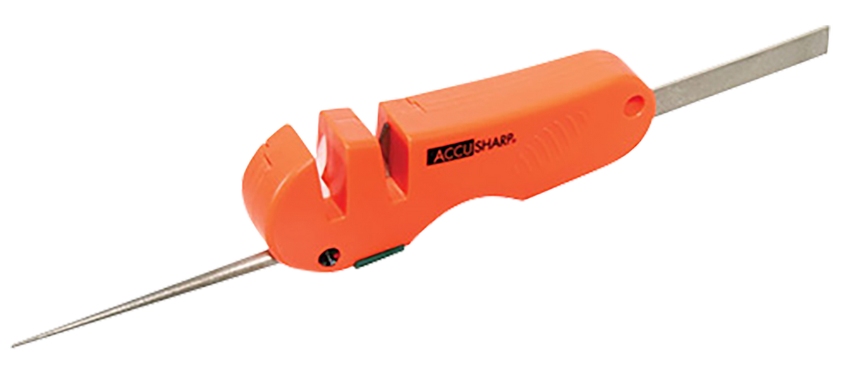 Accusharp 028C 4-in-1 Knife & Tool Sharpener Tungsten Carbide Plastic Handle Orange