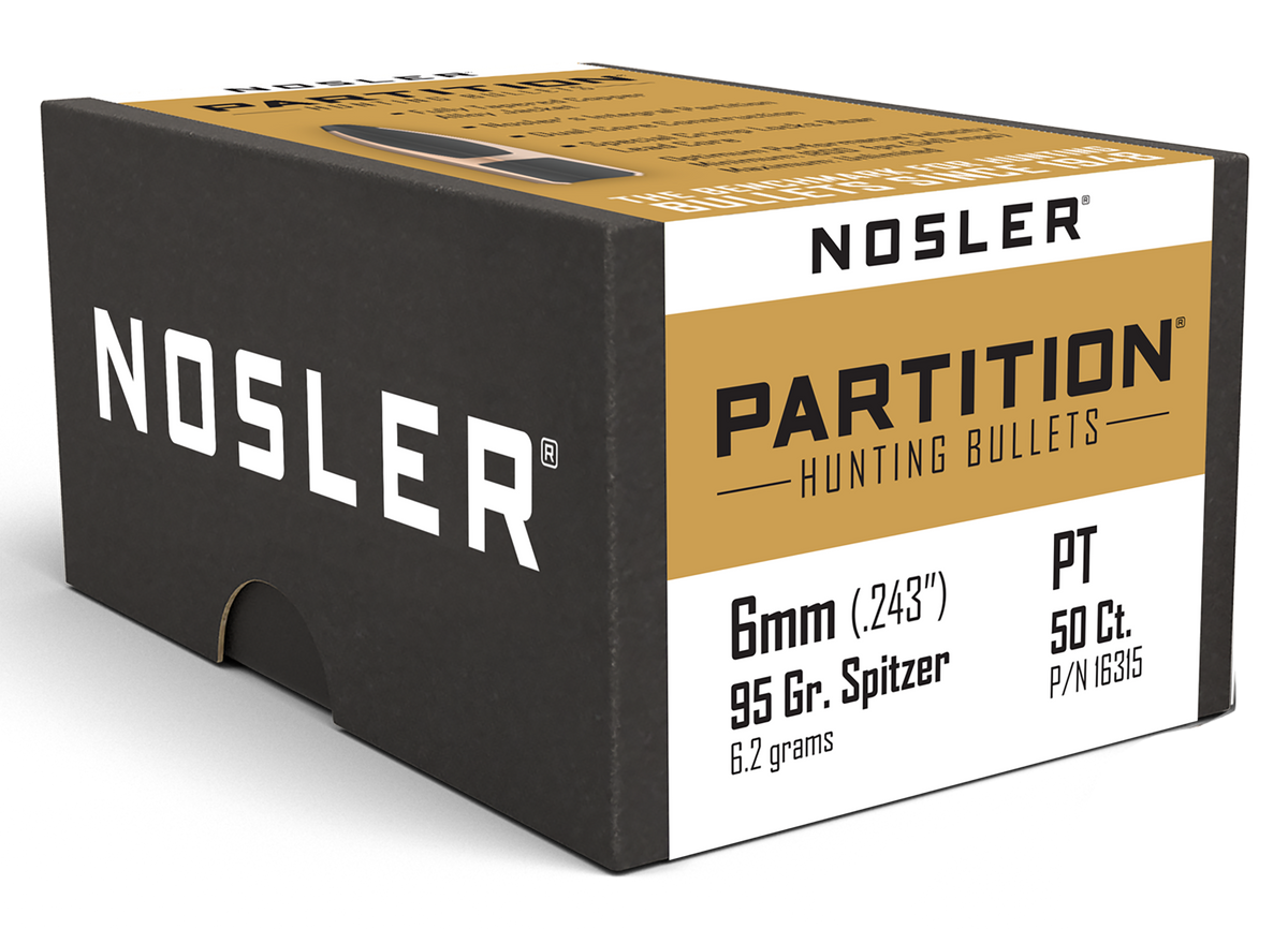 Nosler Partition 6mm (.243) 95gr Spitzer Reloading Bullets - 50/Box