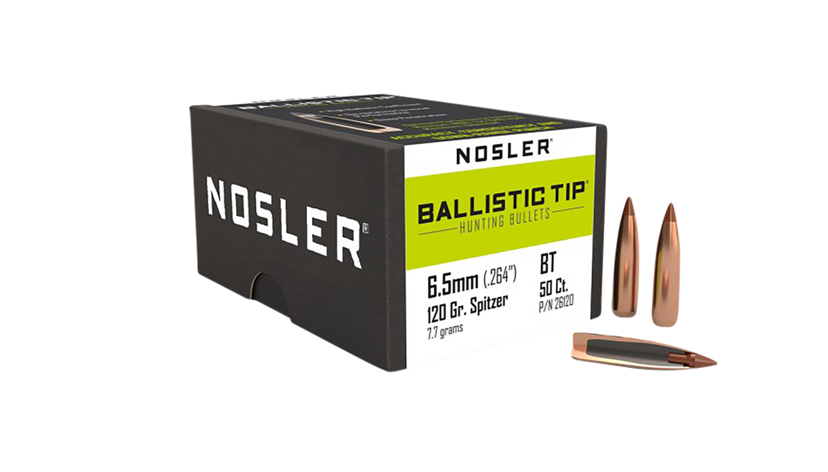 Nosler Ballistic Tip Hunting 6.5mm 120gr Spitzer Reloading Bullets - 50/Box