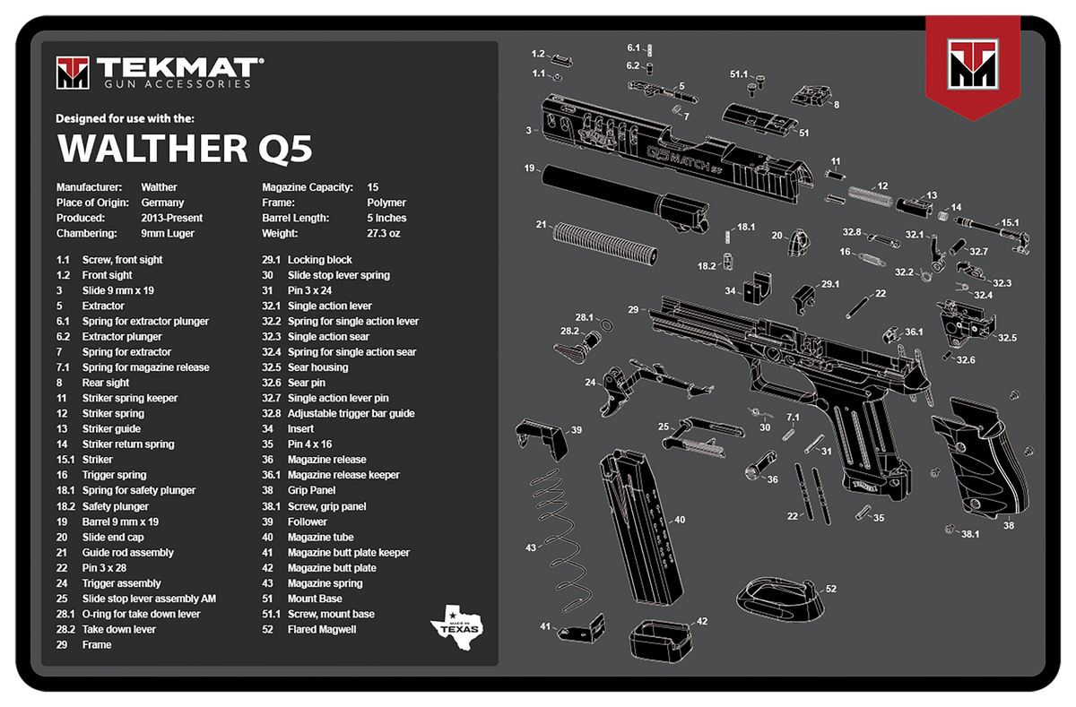 TekMat Walther Q5 SF 11" x 17" Pistol Cleaning Mat - Black/Gray