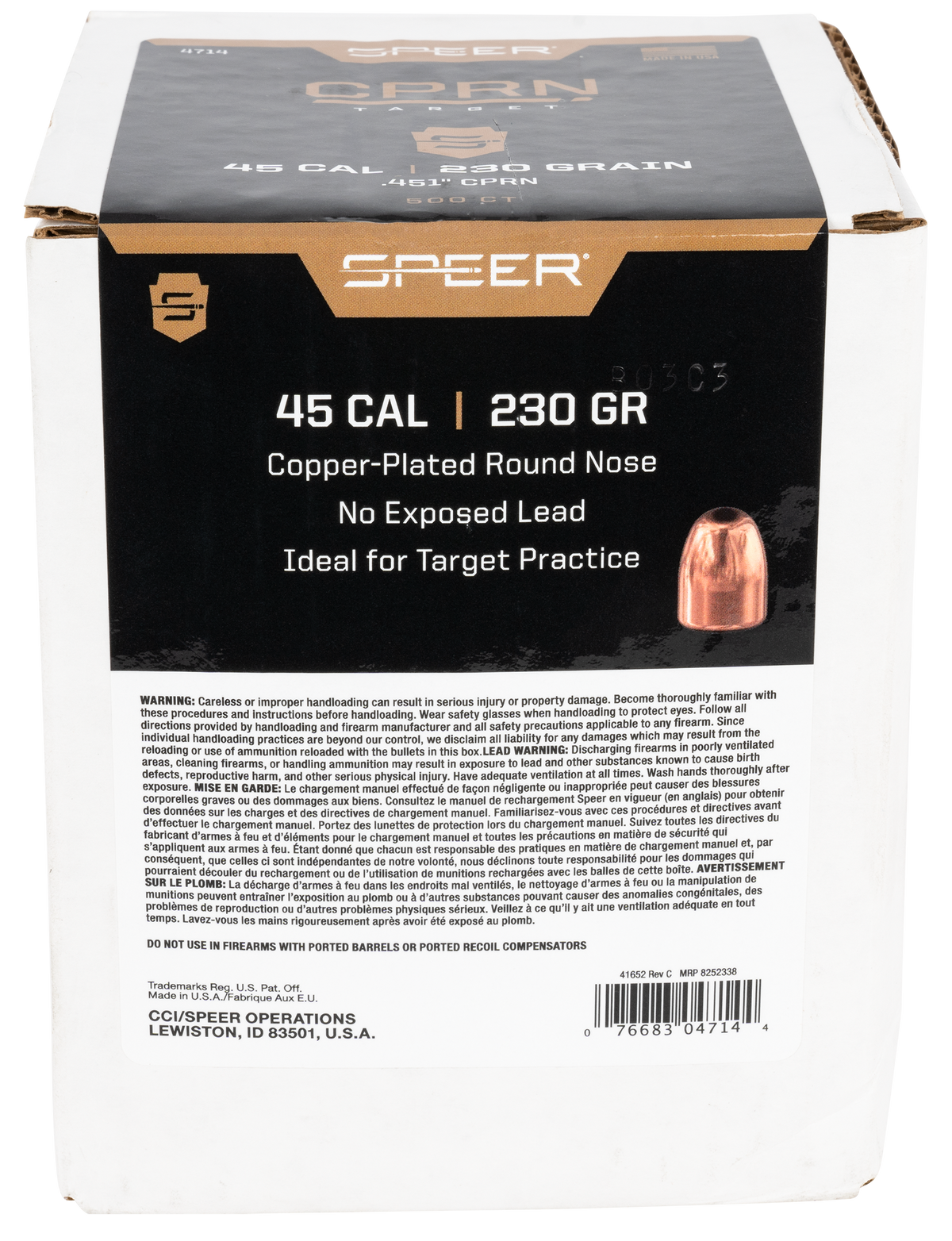 Speer Ammo 4714 Plinker .45 Cal .454 230gr Round Nose Bullets - 500/Box