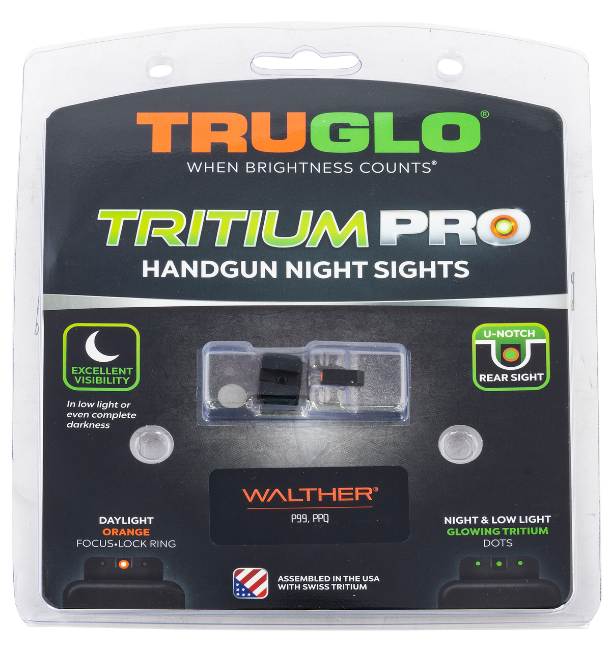TruGlo Tritium Pro Walther PPQ Green Tritium Orange Outline Night Sight Set - Black Nitride