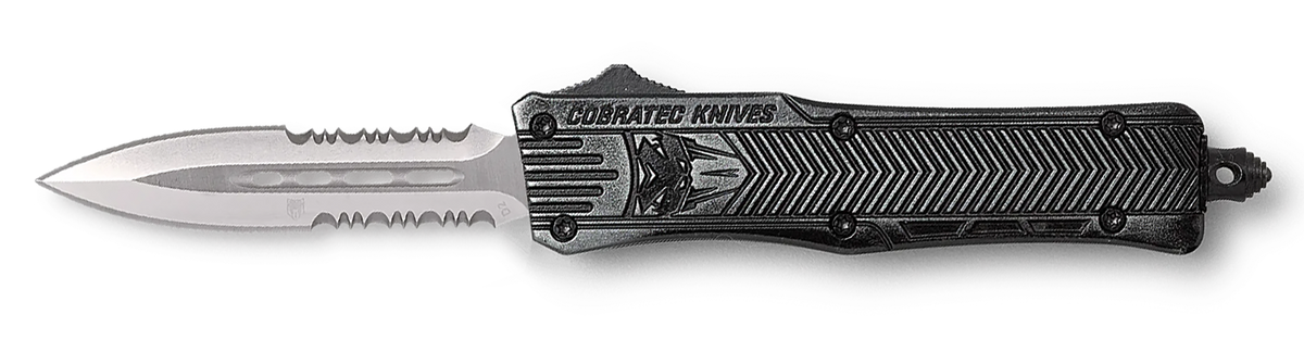 CobraTec CTK-1 Small 2.75" OTF Dagger Part Serrated D2 Steel Stonewashed Aluminum Handle