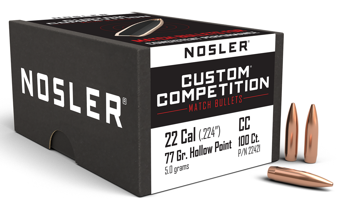 Nosler Custom Competition 22 Cal 77gr HPBT Bullets - 100/Box