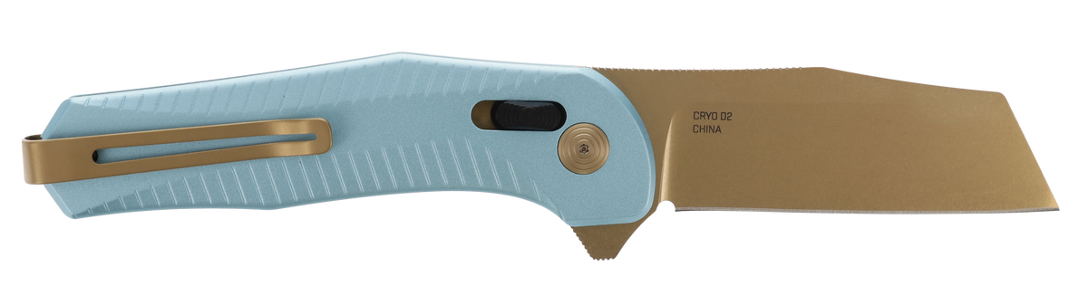 S.O.G Diverge XR 3" Folding Sheepsfoot Plain Edge D2 Steel Gold PVD Blade Light Blue Aluminum Handle