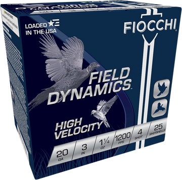 Fiocchi Field Dynamics High Velocity 20 Gauge 3" 1-1/4 oz #4 Shot 25 Rd - Box or Case