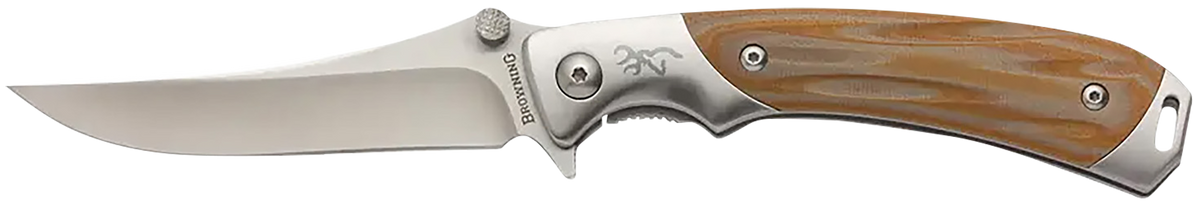 Browning Wicked Wing 3.5" Folding Trailing Point Plain Satin Knife - Amber G10 Handle