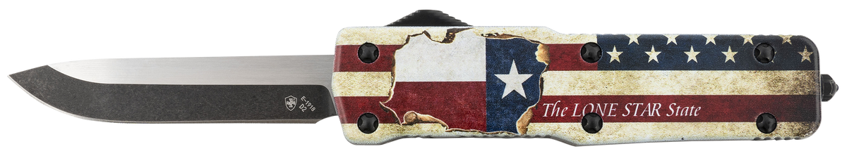 Templar Knife SZTX321 Premium Weighted Texan Small 3" OTF Drop Point Plain D2 Steel Black Oxide Stonewashed Red/White/Blue Aluminum Handle