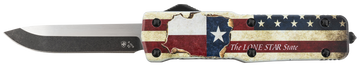 Templar Knife SZTX321 Premium Weighted Texan Small 3" OTF Drop Point Plain D2 Steel Black Oxide Stonewashed Red/White/Blue Aluminum Handle
