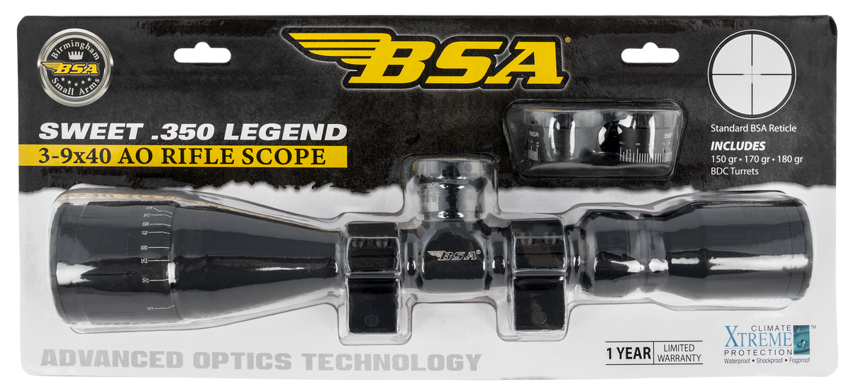 BSA Sweet 350 Legend 3-9x40mm AO 1" Tube 30/30 Reticle Matte Black Rifle Scope - Includes Weaver Rings