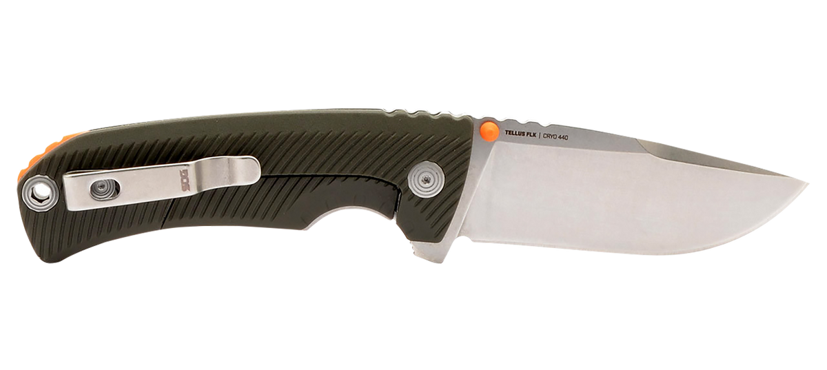 S.O.G Tellus FLK 3.65" Folding Clip Point Plain Stonewashed Cryo 440C SS Blade - Olive Drab Textured GRN Handle