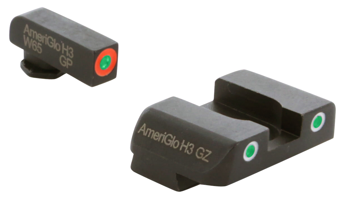 AmeriGlo GL241 Custom Classic Sight Set for Glock Gen 1-4 9mm/.40/.380 & Gen 5 10mm/.45 - Green Tritium Orange Outline Front / Green Tritium White Outline Rear