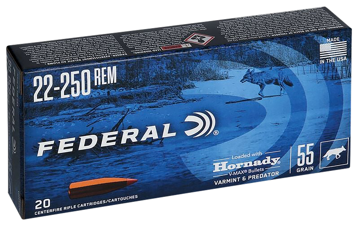 Federal Varmint & Predator 22-250 Rem 55gr Hornady V-Max 20rd - Box or Case