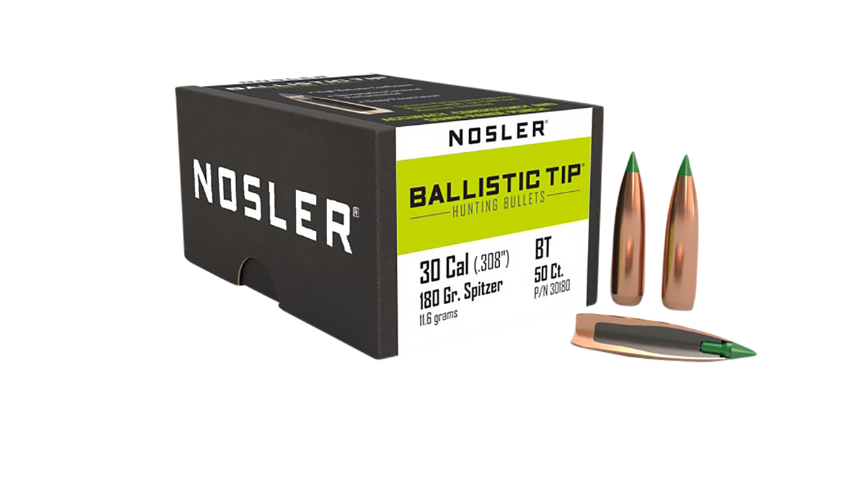 Nosler Ballistic Tip 30 Cal .308 180gr Spitzer Reloading Bullets - 50/Box