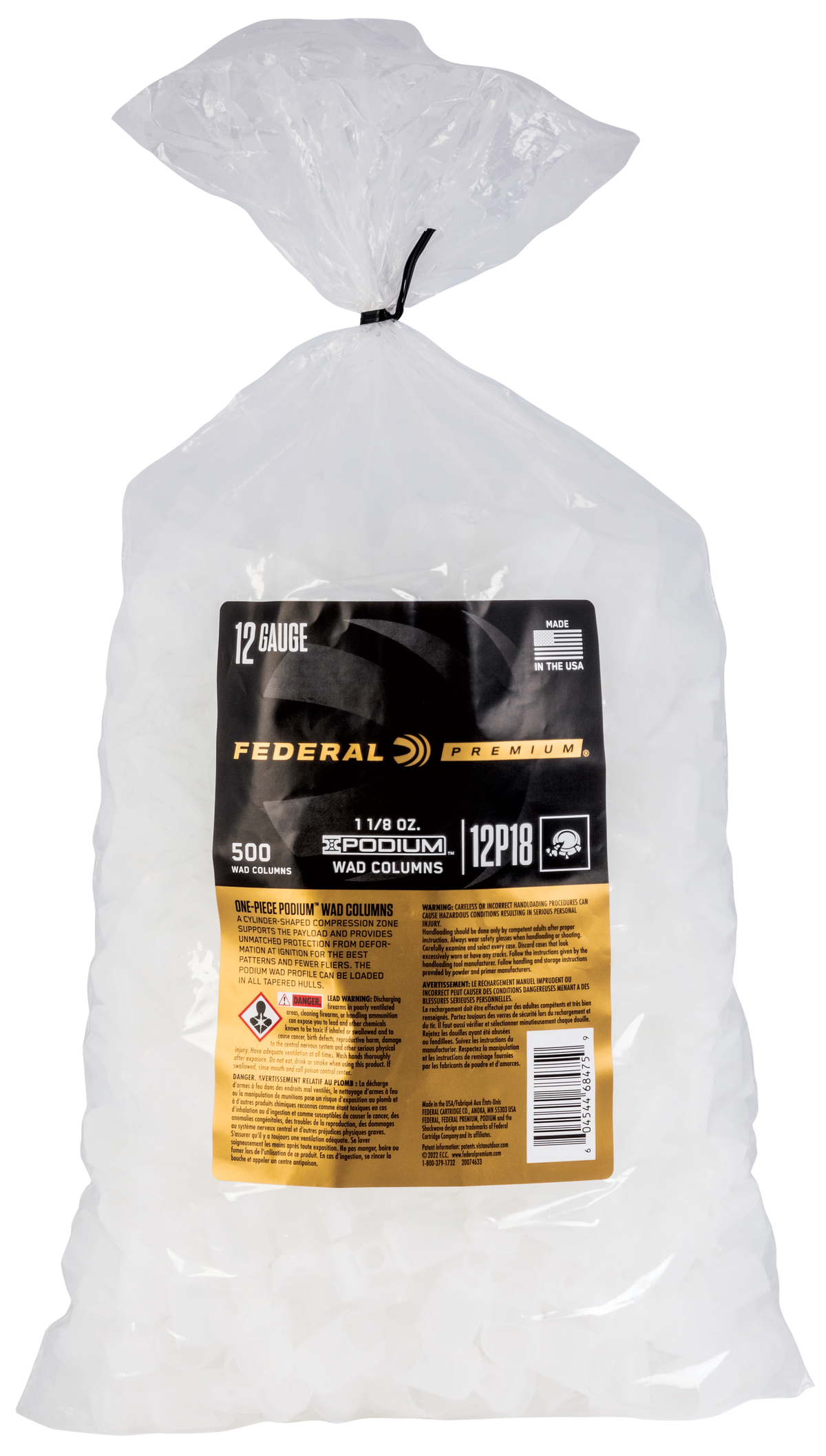 Federal 12P18 Podium Wad 12 Gauge 1 1/8 oz White Plastic Wads - 5000/Case