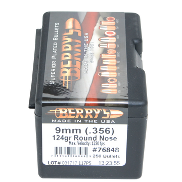 Berry's Superior Plated 9mm .356 124gr Round Nose Pistol Bullets - 250/Box