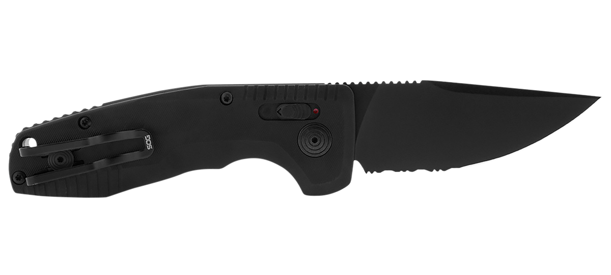 S.O.G SOG-TAC Auto Compact 2.94" Folding Straight Back Part Serrated Black TiNi Cryo D2 Black Aluminum Handle