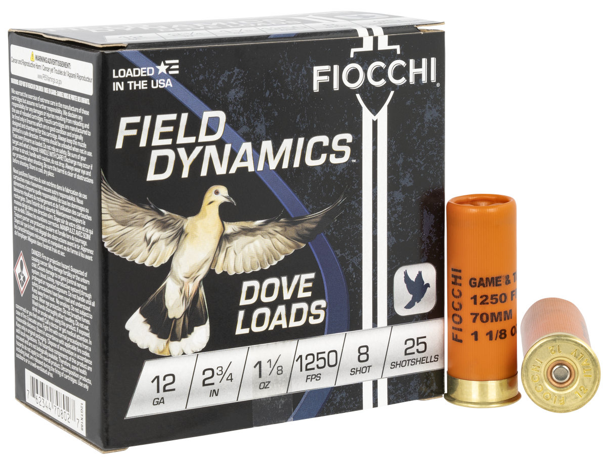Fiocchi Field Dynamics Dove & Quail 12 Gauge 2.75" 1 1/8oz #8 Shot 25 Bx / 10 Cs - Box or Case