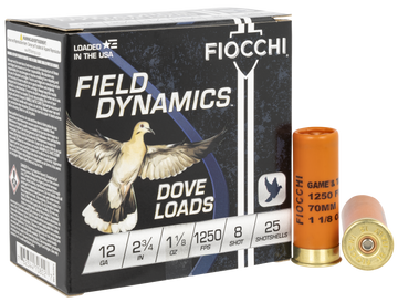 Fiocchi Field Dynamics Dove & Quail 12 Gauge 2.75" 1 1/8oz #8 Shot 25 Bx / 10 Cs - Box or Case