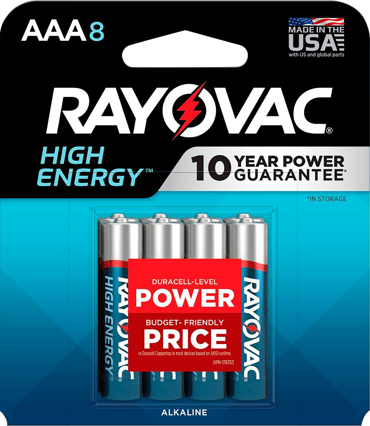 Rayovac High Energy AAA Alkaline Batteries 1.5V 1,123 mAh (8-Pack) - Silver / Blue