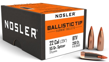 Nosler Ballistic Tip Varmint 22 Cal 55gr Spitzer Point Reloading Bullets - 250/Box
