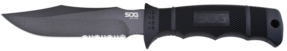 S.O.G Seal Pup 4.75" Fixed Clip Point Part Serrated AUS-8A SS Powder Coat Black GRN Handle
