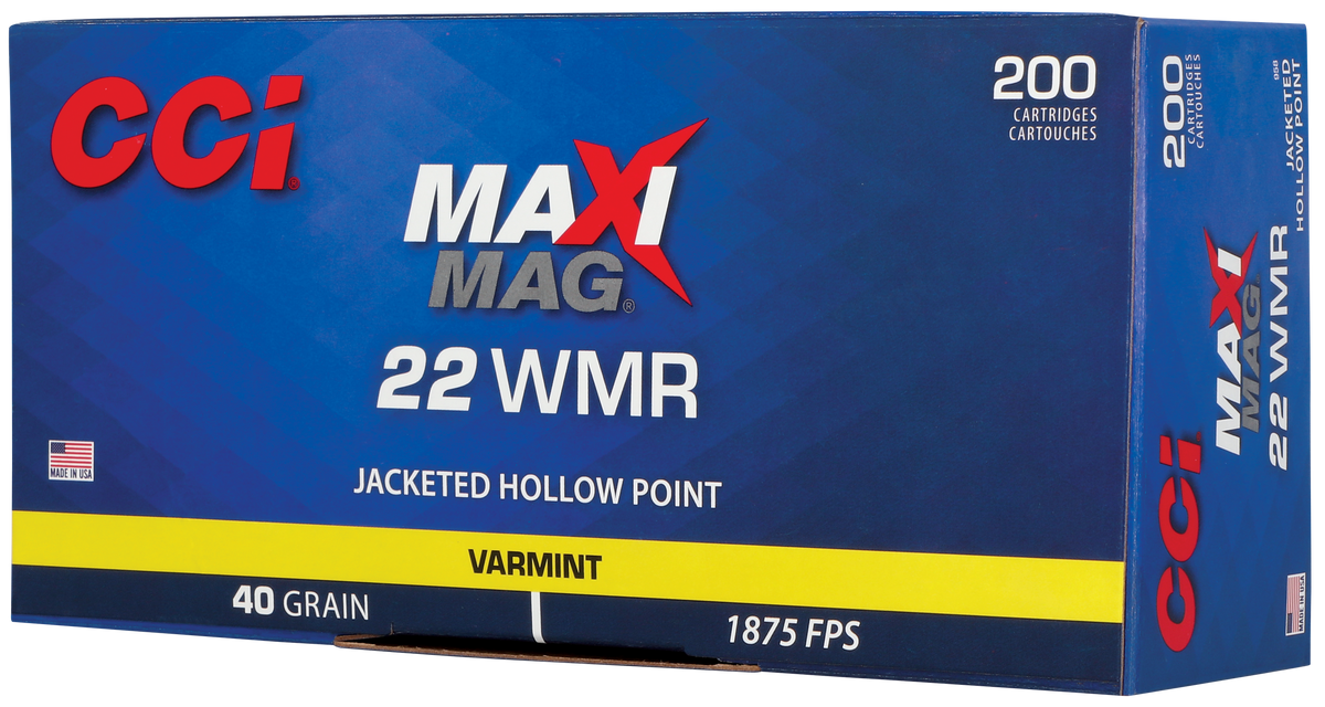 CCI Varmint Maxi-Mag 22 WMR 40gr Jacketed Hollow Point 200 Rd Box or Case