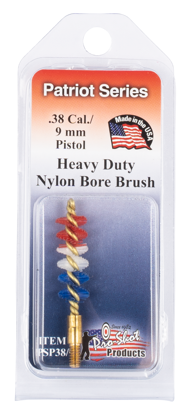Pro-Shot PSP389 Patriot Series Bore Brush .38/9mm Pistol #8-32 Thread Nylon Bristles Brass Core