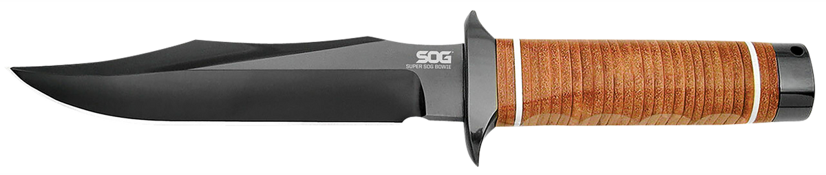 S.O.G Super SOG 7.50" Fixed Bowie Plain AUS-8A SS Black TiCN Brown Leather Handle