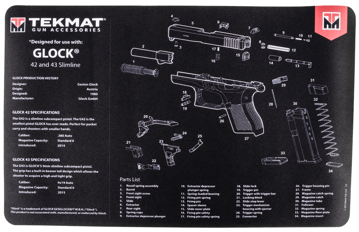 TekMat TEKR17GLOCK4243 Glock 42/43 Cleaning Mat 11"x17" Rubber Parts Diagram