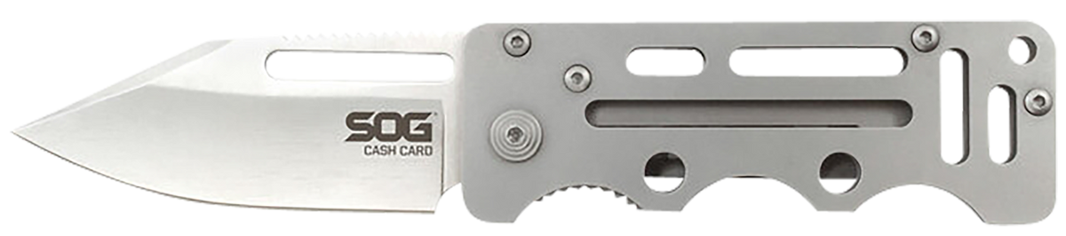 S.O.G Cash Card 2.75" Folding Plain Clip Point Satin 8Cr13MoV SS Silver Skeletonized Stainless Handle