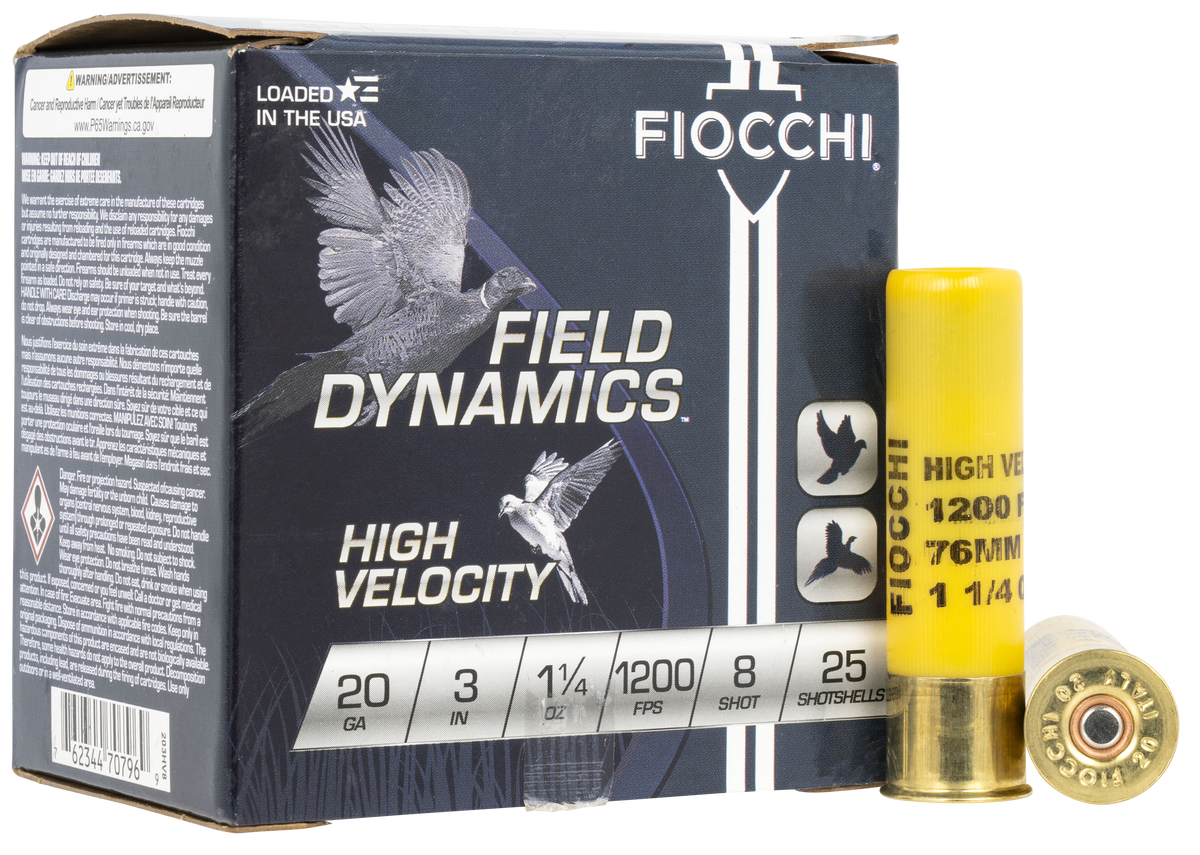 Fiocchi Field Dynamics High Velocity 20 Gauge 3" 1 1/4 oz #8 Shot 25 Bx/10 Cs - Box or Case