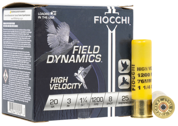 Fiocchi Field Dynamics High Velocity 20 Gauge 3" 1 1/4 oz #8 Shot 25 Bx/10 Cs - Box or Case