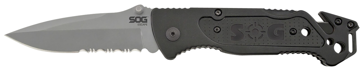 S.O.G Escape FF24-CP 3.40" Folding Clip Point Part Serrated Bead Blasted 9Cr18MoV SS Black Anodized Aluminum Handle