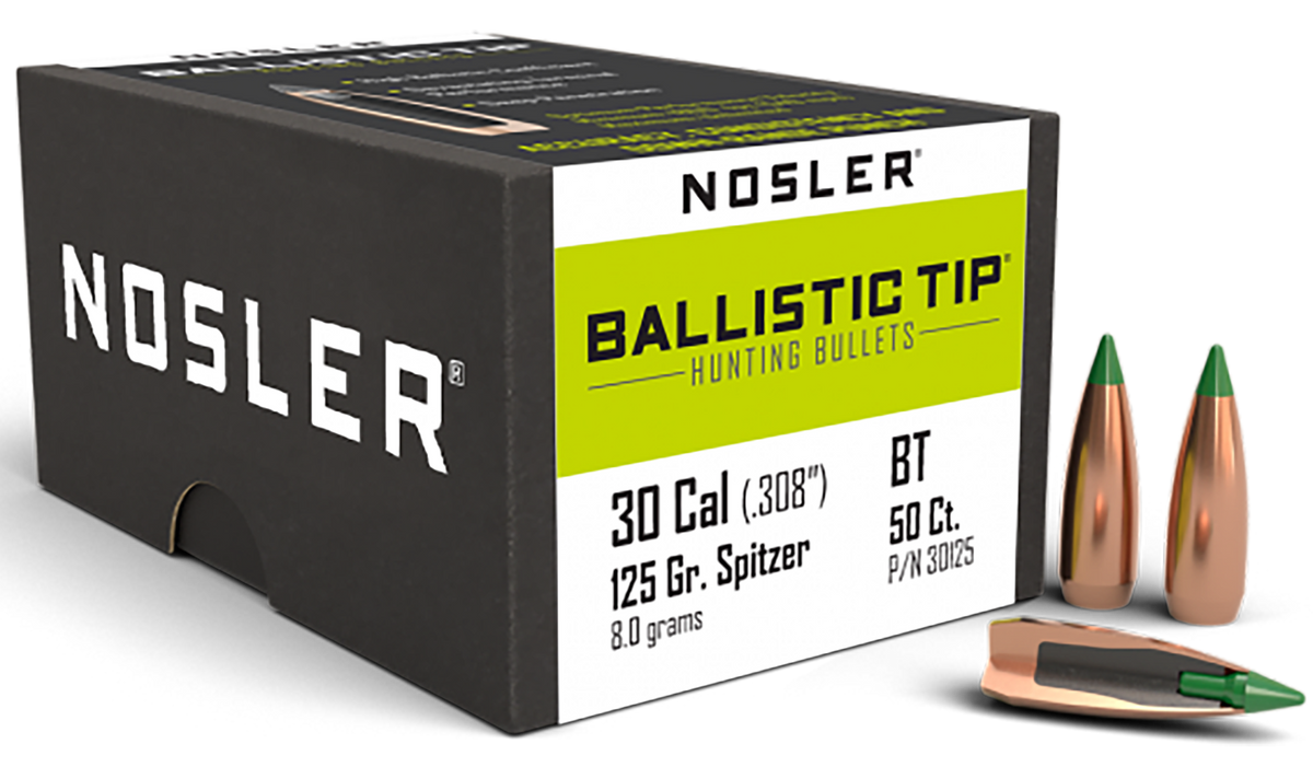 Nosler Ballistic Tip Hunting 30 Cal .308 125gr Spitzer Boat Tail Reloading Bullets - 50/Box