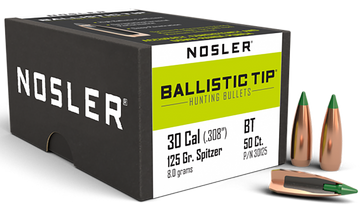 Nosler Ballistic Tip Hunting 30 Cal .308 125gr Spitzer Boat Tail Reloading Bullets - 50/Box