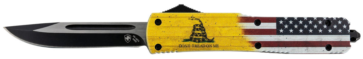 Templar Knife MDTOM331 Gen II Don't Tread On Me Slim 3.50" OTF Drop Point Plain 440C Black Oxide Stonewashed Yellow Aluminum Handle
