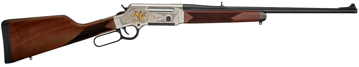 Henry Long Ranger Wildlife 243 Win 20" 4+1 Lever-Action Rifle - Antelope Edition, Engraved Nickel w/24K Gold Inlay