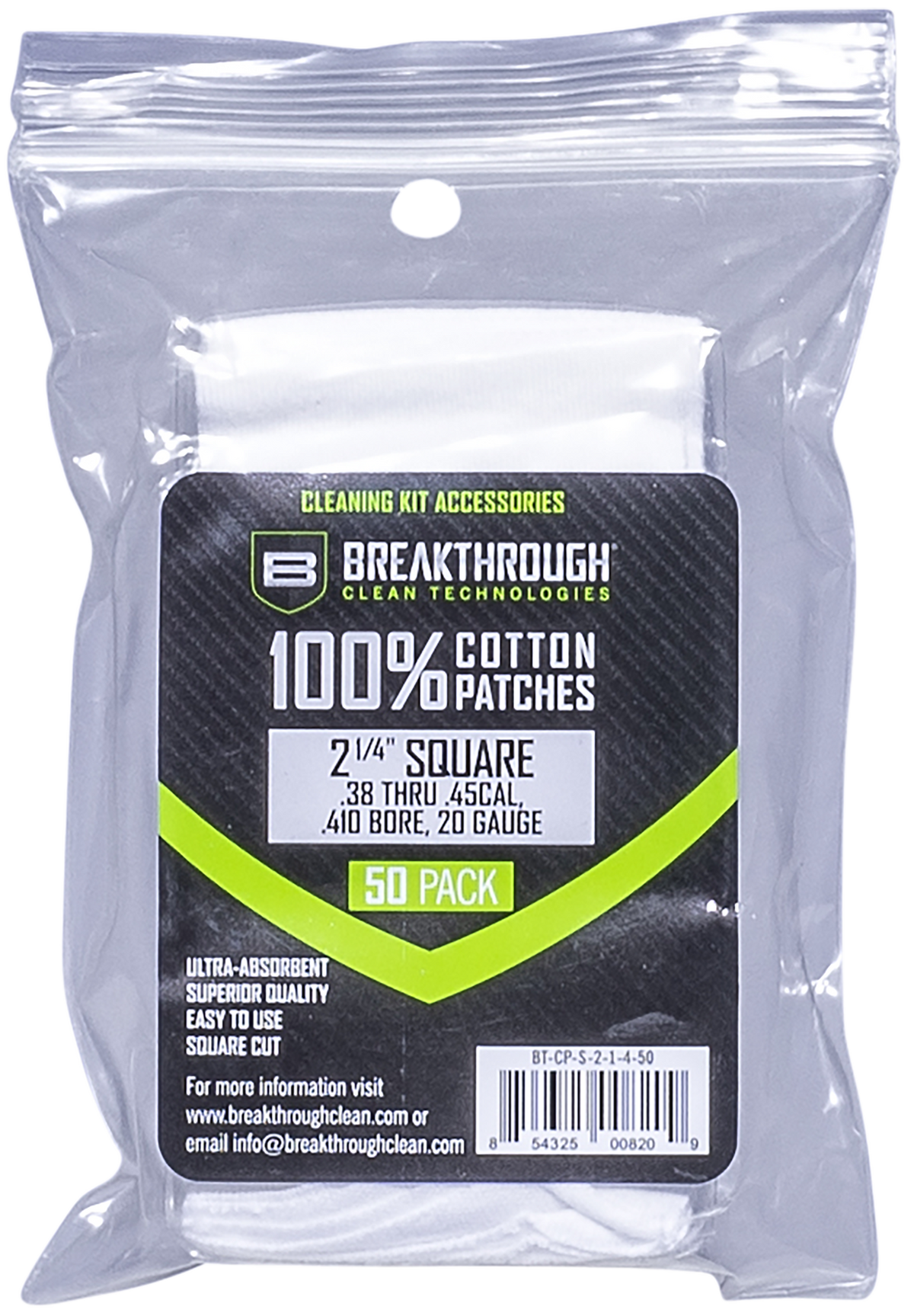 Breakthrough Clean Square Cleaning Patches 2.25" Cotton .38-.45 Cal / .410-20 Ga 50-Pack