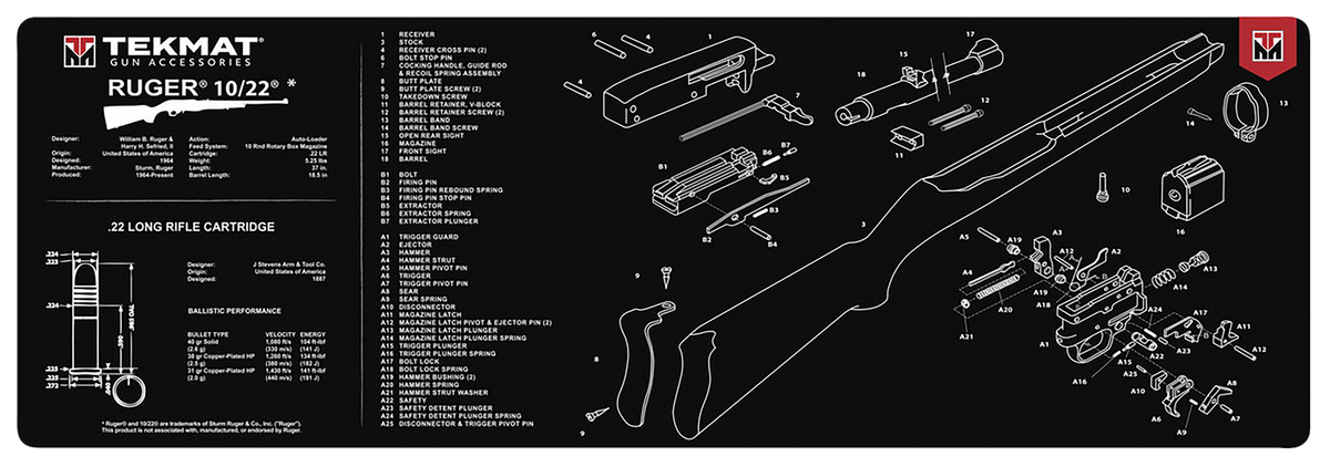 TekMat Ruger 10/22 Cleaning Mat 12"x36" Black / White Rubber with Parts Diagram