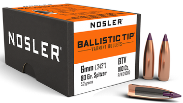 Nosler Ballistic Tip Varmint 6mm 80gr Spitzer Point 100/Box
