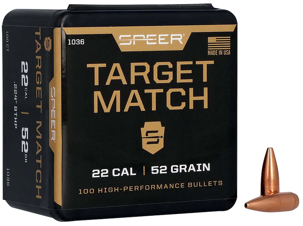 Speer Ammo 1036 Target Match .22 Cal 52gr Hollow Point Boat Tail Rifle Reloading Bullets - 100/Box