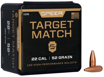 Speer Ammo 1036 Target Match .22 Cal 52gr Hollow Point Boat Tail Rifle Reloading Bullets - 100/Box