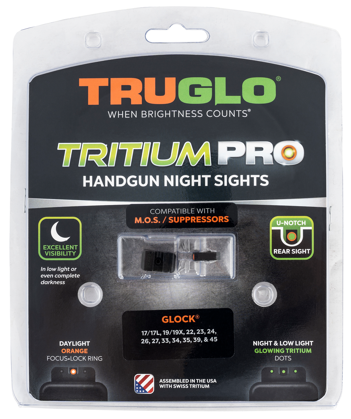 TruGlo Tritium Pro TG231G1MC Glock MOS 17/19/34/35/45 Low Night Sights - Green Tritium / Orange Outline