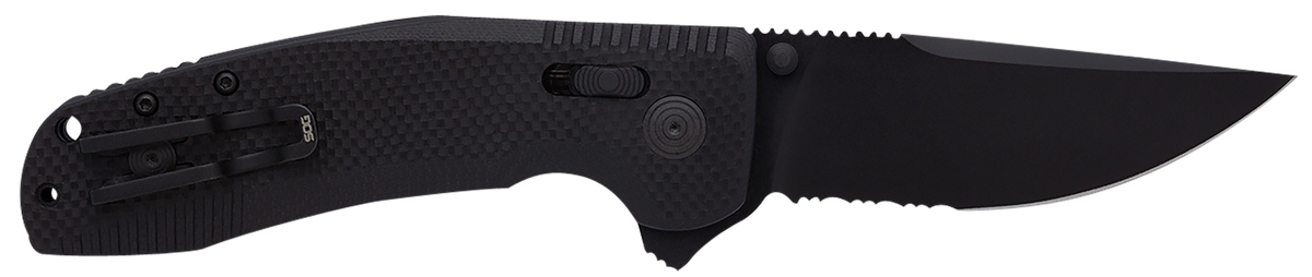 S.O.G SOG-TAC XR 3.39" Folding Clip Point Part Serrated Black TiNi D2 Steel G10 Handle