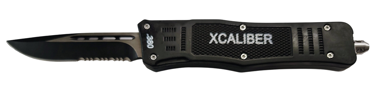 Xcaliber Knife Company 380 ACP Medium 3.25" OTF Part Serrated Black 440C SS - 4.64" Steel Handle