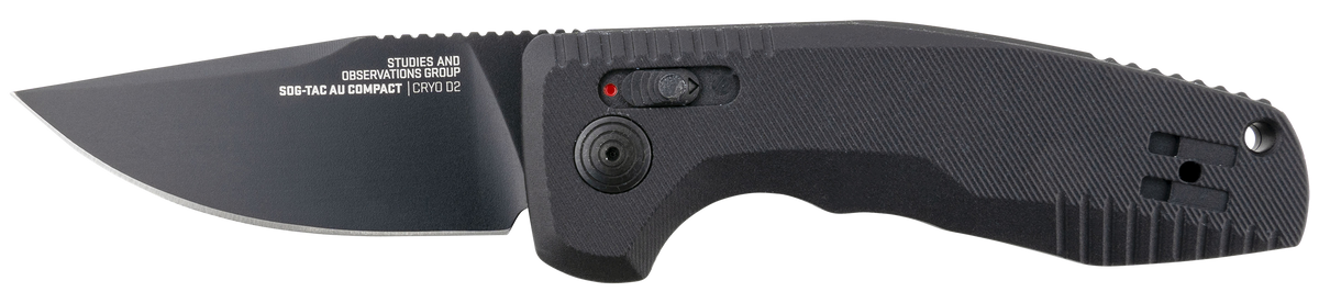 S.O.G SOG-TAC AU Compact 2.94" Folding Automatic Straight Back Plain Cryo D2 Black TiNi Anodized Aluminum Handle