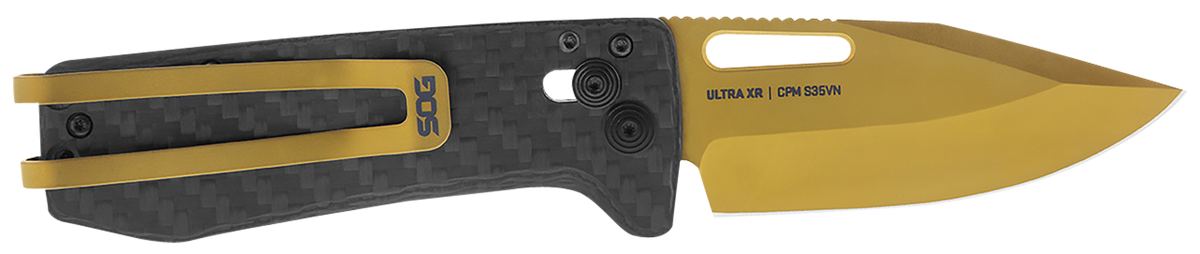 S.O.G Ultra XR 2.80" Folding Clip Point Plain Gold TiNi Cryo S35VN Carbon Fiber Knife