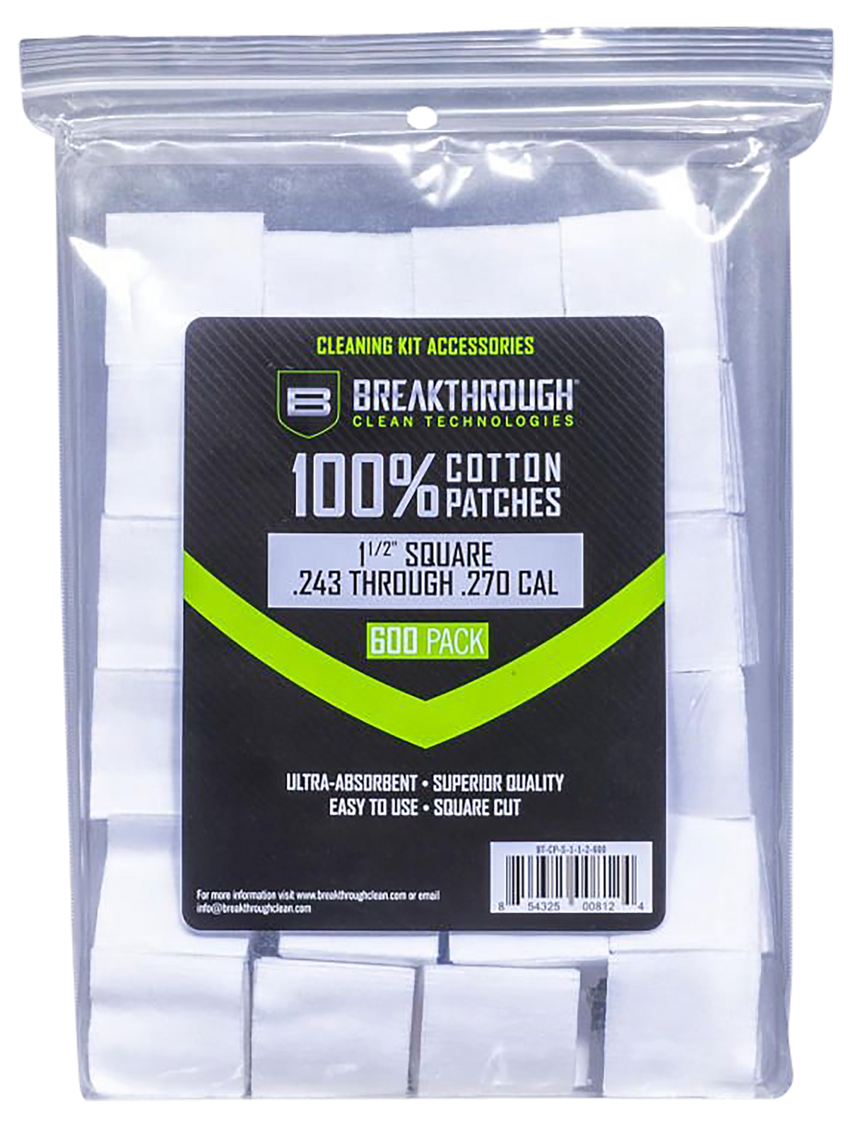 Breakthrough Clean Square Patches .243-.270 Cal 1.5" 600-Pack Cotton
