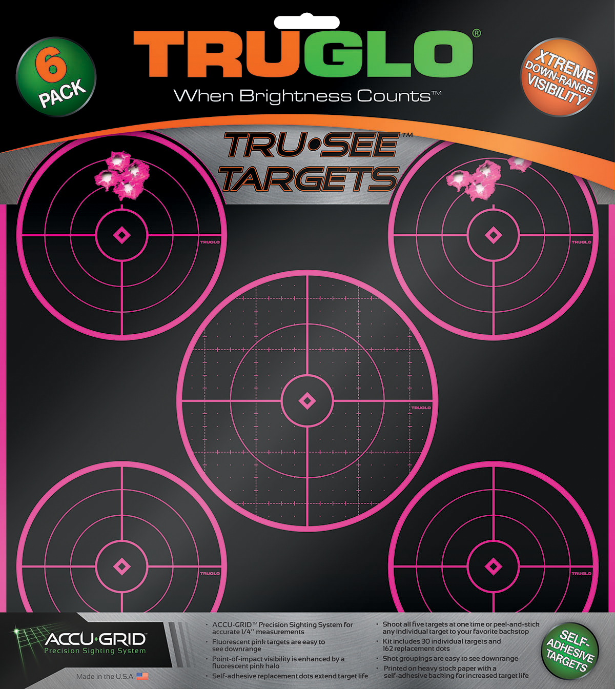 TruGlo Tru-See TG11P6 5-Bull Splatter 12"x12" Self-Adhesive Paper Target - Black/Pink 6 Pack